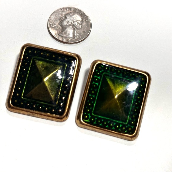 Green & Antiqued Brass Colors Rectangular Earrings Post Backs - Picture 2 of 5